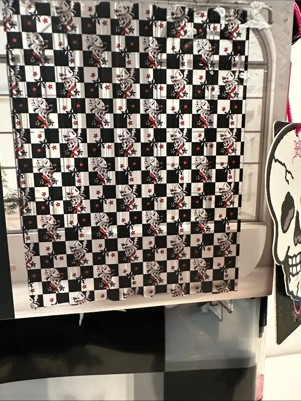 NWT Ed Hardy Printed Peva Black, White & Red Skull Shower Liner.